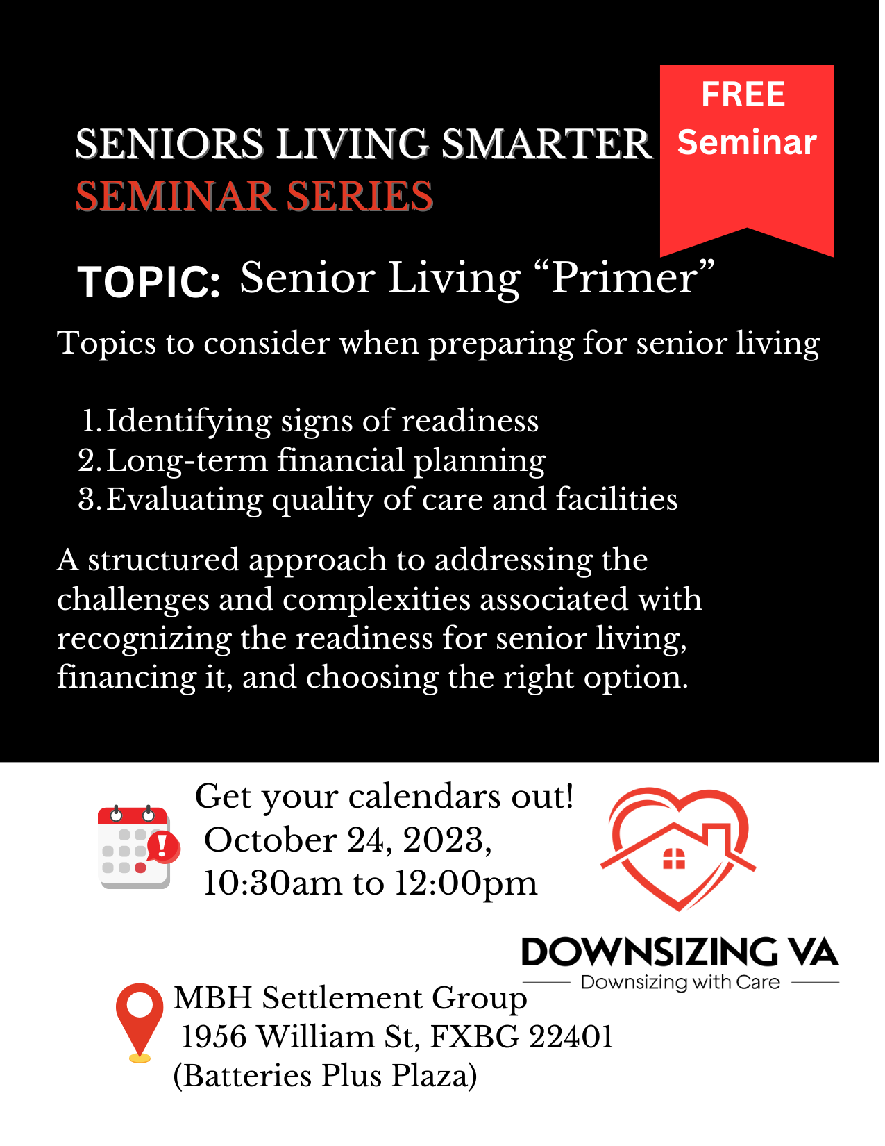 Senior Living “Primer” Seminar Oct 24th Call today to register at 540-834-8412